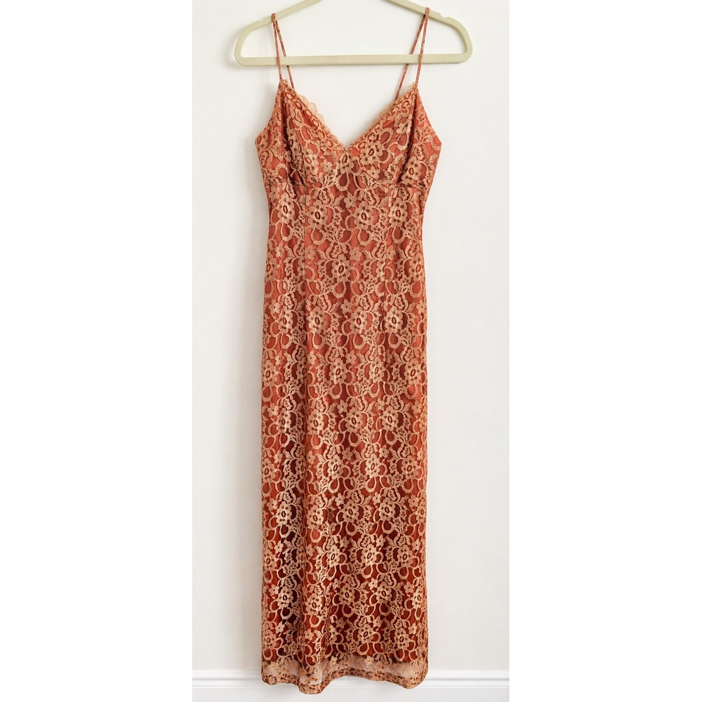 Vintage 90s Lace Maxi Slip Dress Y2K Bronze Small Gown Alchemy New York USA Made